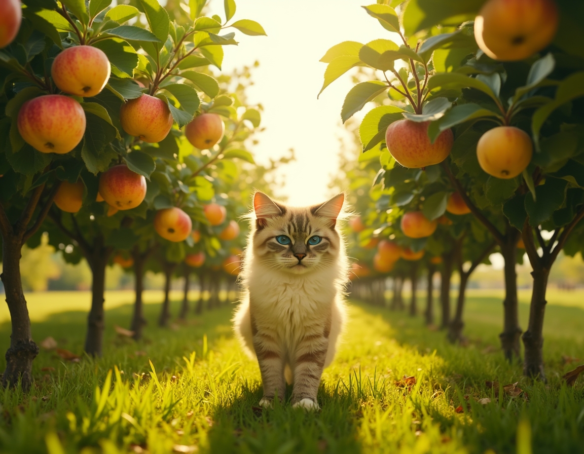 Cat explores an orchard filled with fragrant fruit and dappled sunlight.